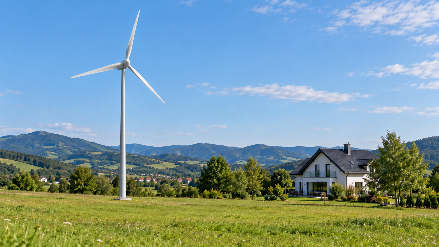 Malá trojlistová veterná elektráreň na samostatnom stožiari v otvorenej krajine pri rodinnom dome